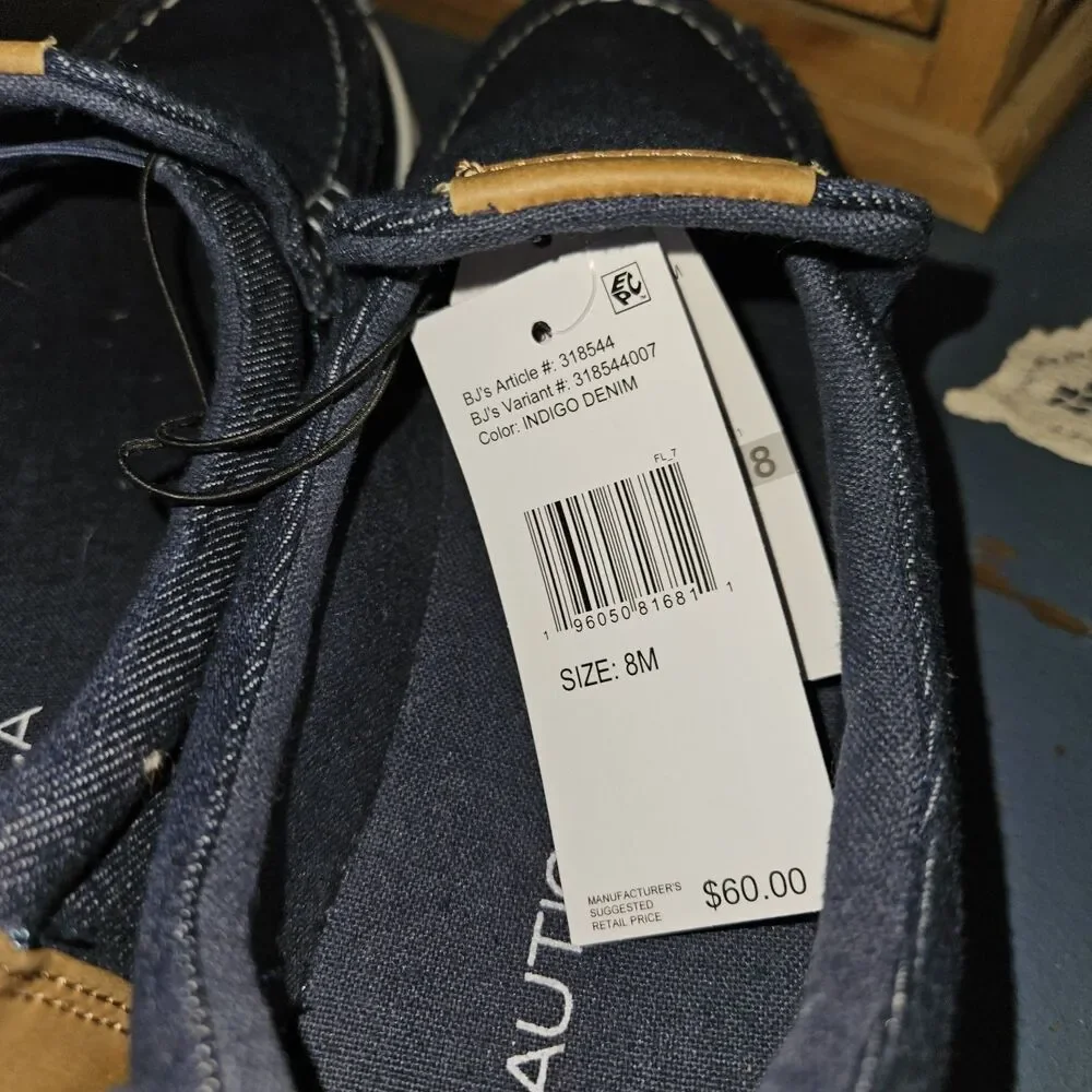 New Nautica Men's Indigo Denim Derwin Stitch Boat Shoe | Brown Accnt US 8 Medium